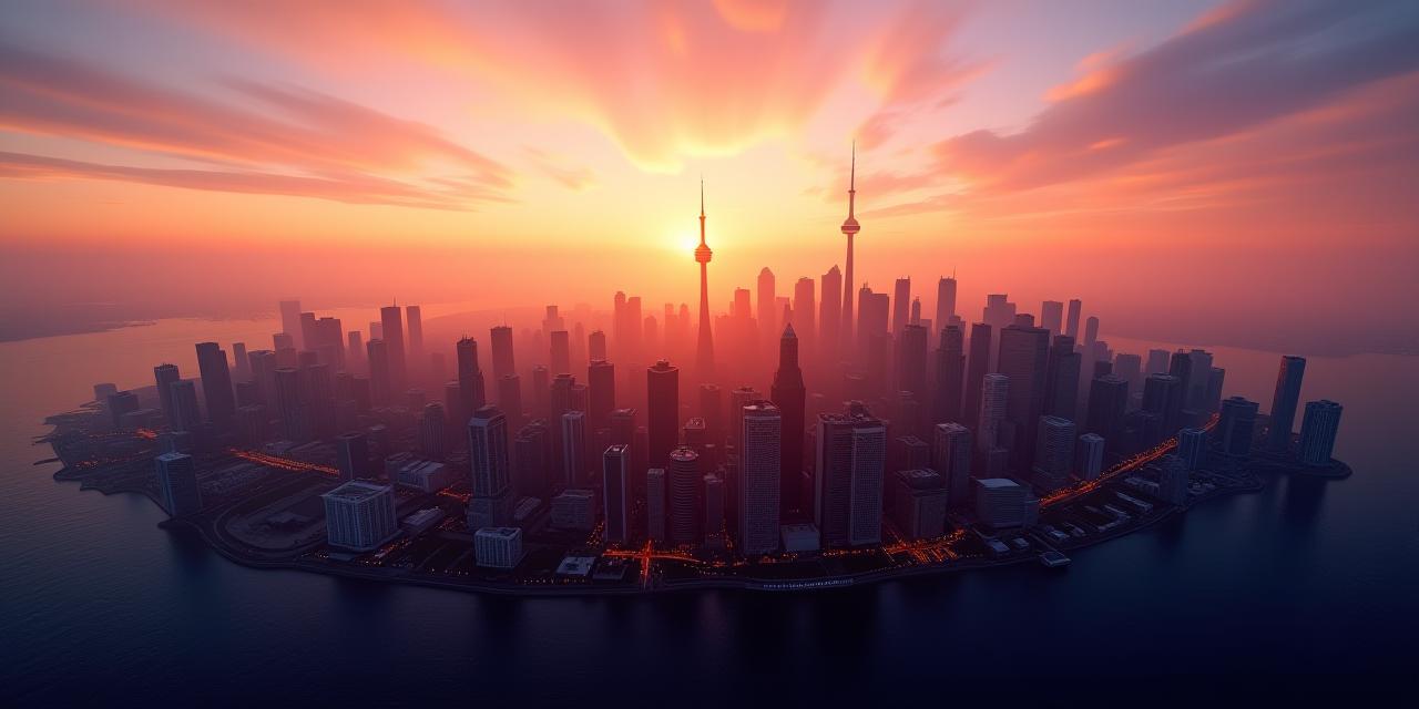 Vue aérienne de la skyline de Toronto au coucher du soleil